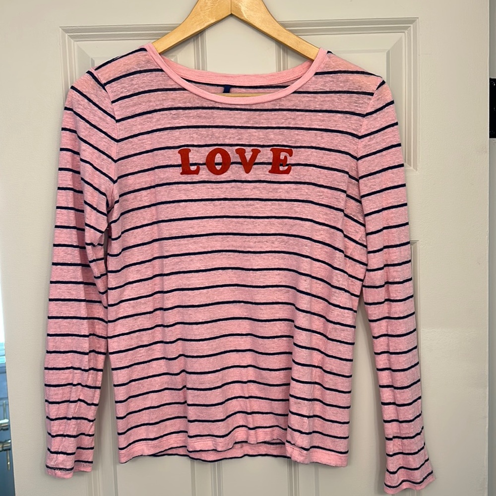 Lou & Gray pink long sleeve “Love” linen shirt.